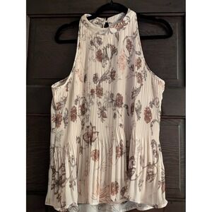 Maurices Floral Pleated Halter Top Cream Brown Sleeveless Blouse Medium